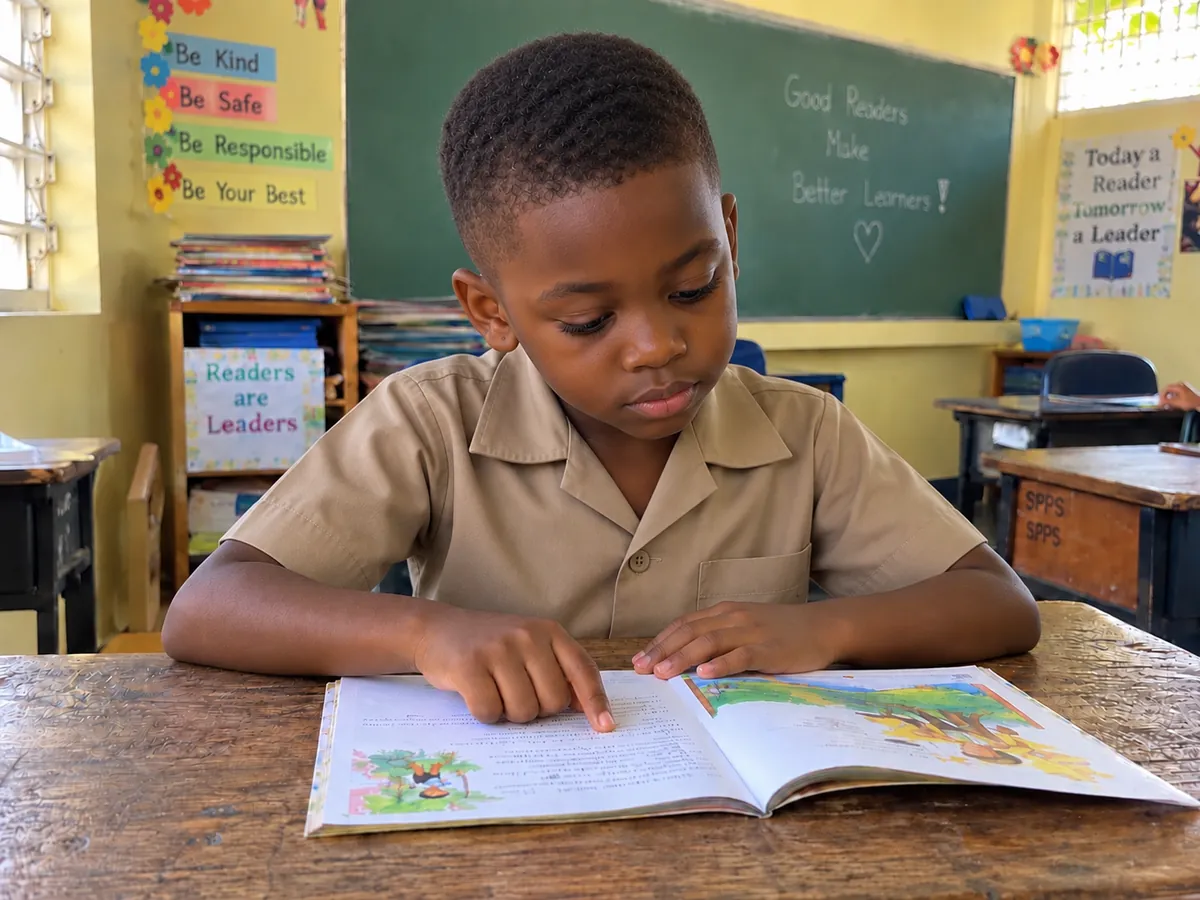 A Grade 2 boy reading a storybook at his desk